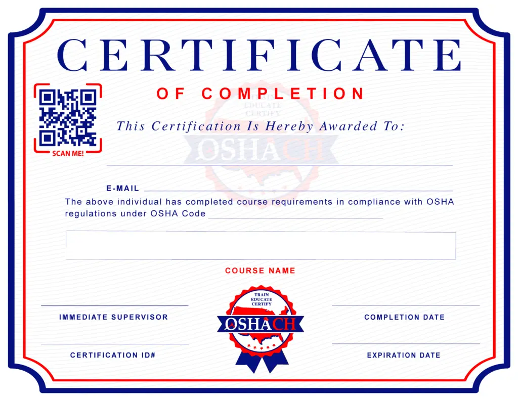 OSHA Certification HUB Certificate